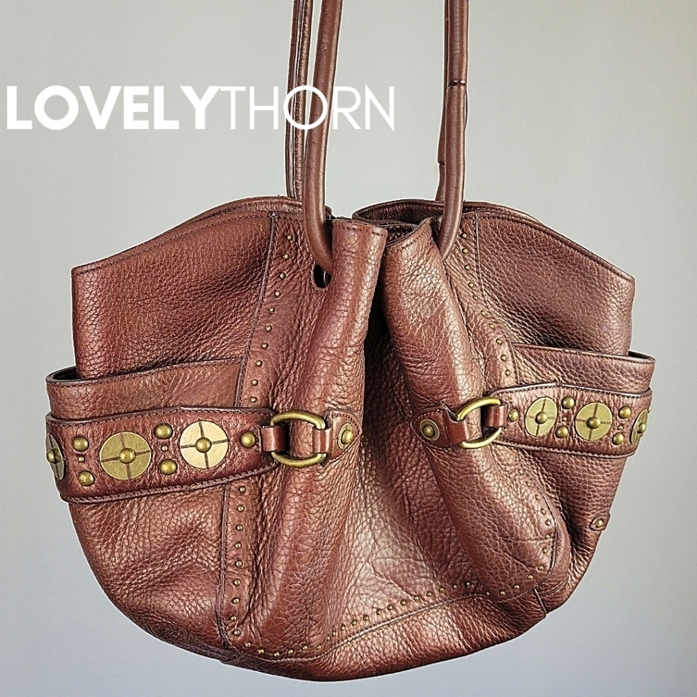 COLE HAAN // ltd ed buttery brown leather village paillette hobo bucket bag - Picture 2 of 16